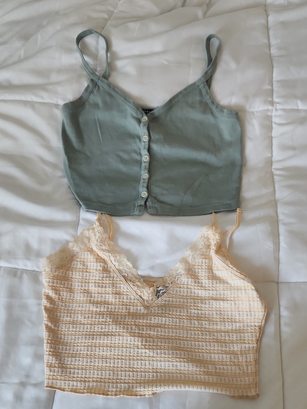 Green And Yellow Button-Front Crop Tank Tops- Brandymelville